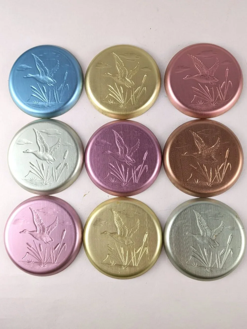 Vintage 50s Pastel Aluminum Drink Coasters x9